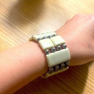 Hematite bone thick wide stretch bracelet with silver beads